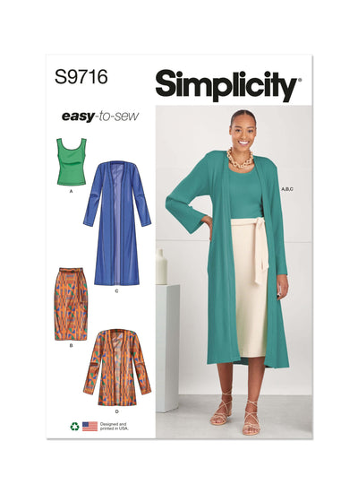 Pattern - Simplicity - S9716 - Misses’ Co-ordinate Knit Top, Cardigan and Skirt