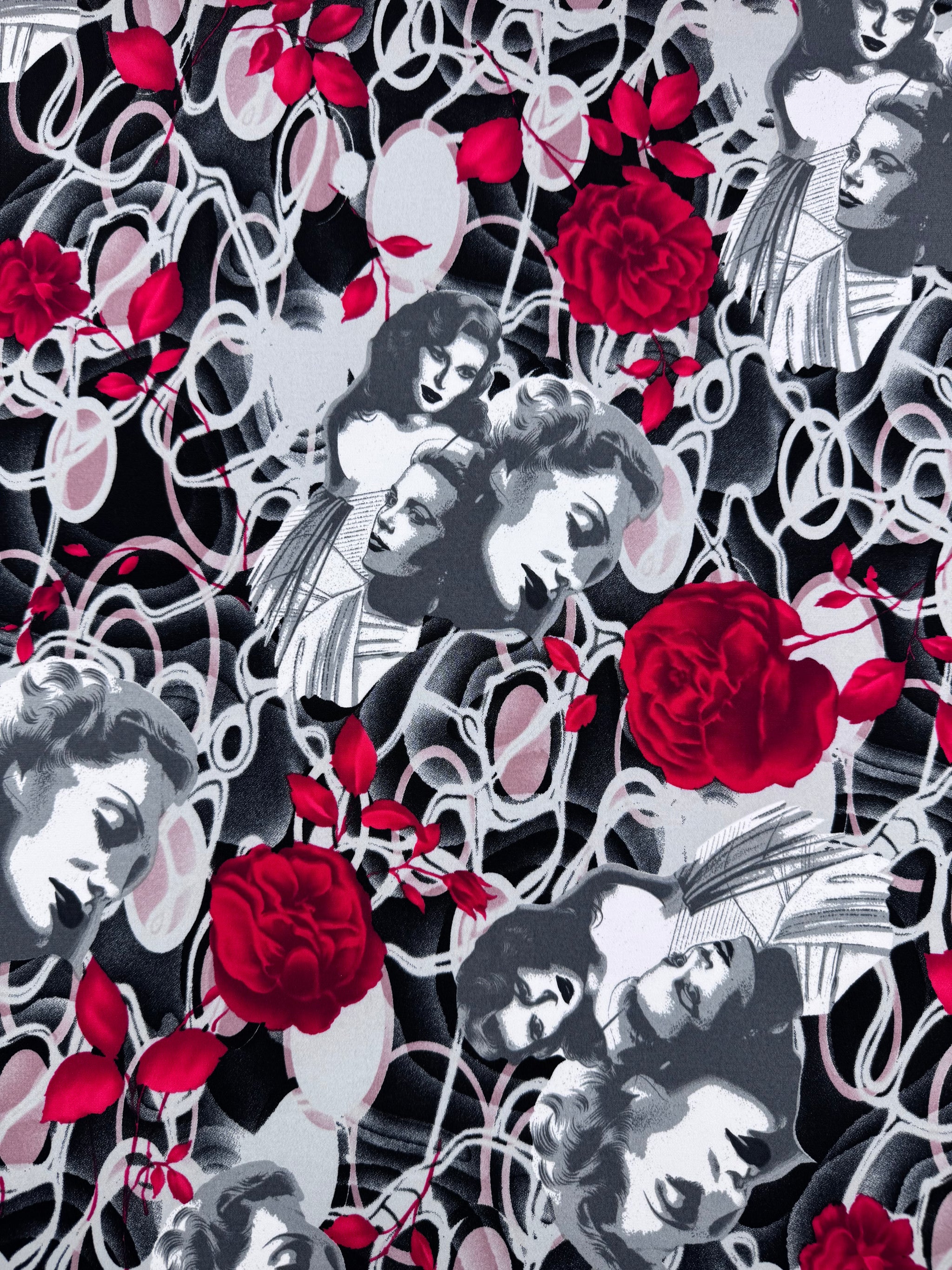 Designer Printed Lycra - Crimson Blooms - 152cm