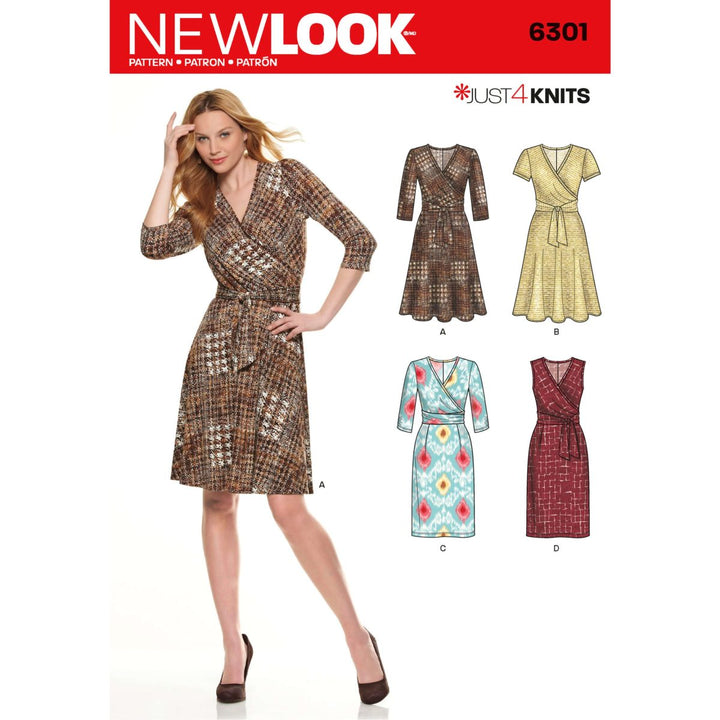 On the left, a woman models in a brown patterned dress, styled as a mock wrap. To the right, four illustrated dress styles labeled A, B, C, and D display options designed for stretch fabrics. The image prominently features "New Look" and "Just 4 Knits," with pattern number 6301 from Super Cheap Fabrics' collection.