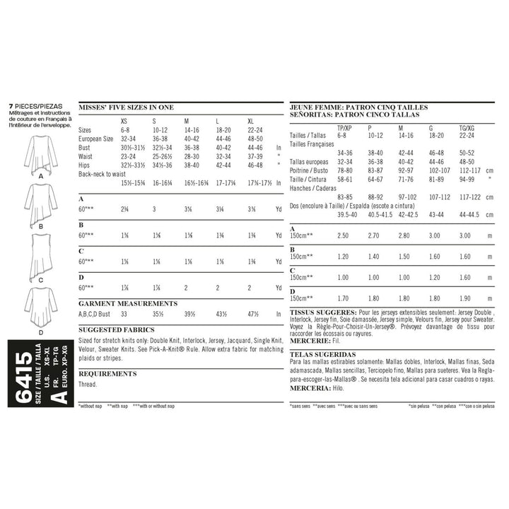 An instruction sheet for the "Pattern - New Look - N6415 - Misses’ Knit Tunics" by Super Cheap Fabrics, featuring diagrams of tunics and leggings, and providing details on sizing, suggested fabrics, measurements, and material requirements in both English and French. It outlines available size options and the fabric amounts necessary for various knit designs.