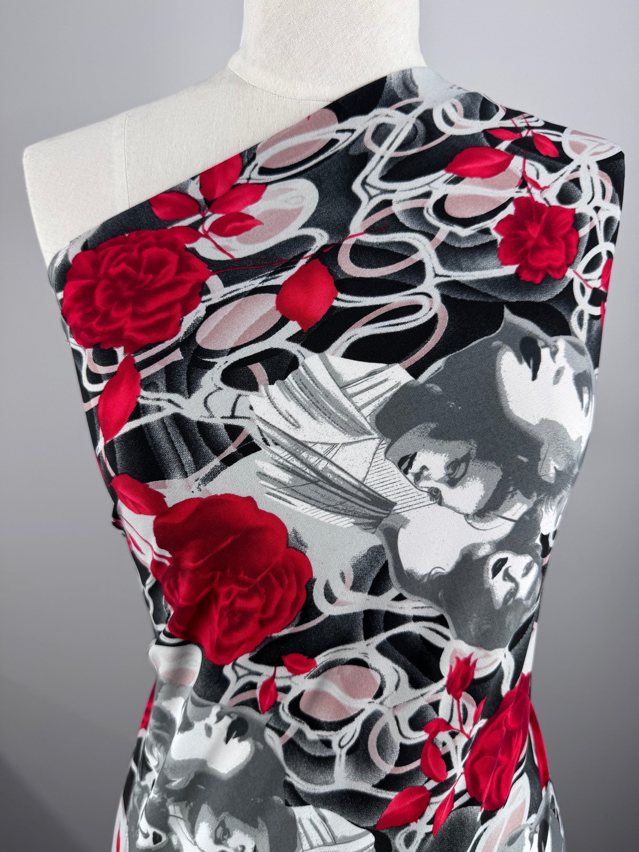 Designer Printed Lycra - Crimson Blooms - 152cm