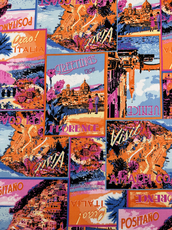 The Bamboo Rayon - Italiano by Super Cheap Fabrics showcases vintage travel poster patterns of Italian cities like Positano, Florence, and the Amalfi Coast on lightweight fabric, featuring scenic landscapes and historic buildings in pink, orange, and blue. Perfect for versatile creative projects!.