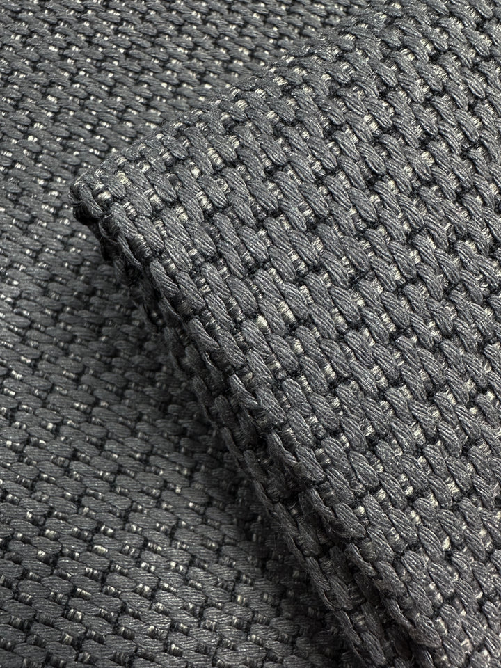 Close-up of Super Cheap Fabrics’ Basketweave Upholstery in Bacchus Blue Steel (142cm), highlighting its textured basketweave pattern, delicate lighter threads, and luxe feel—ideal for premium upholstery projects.