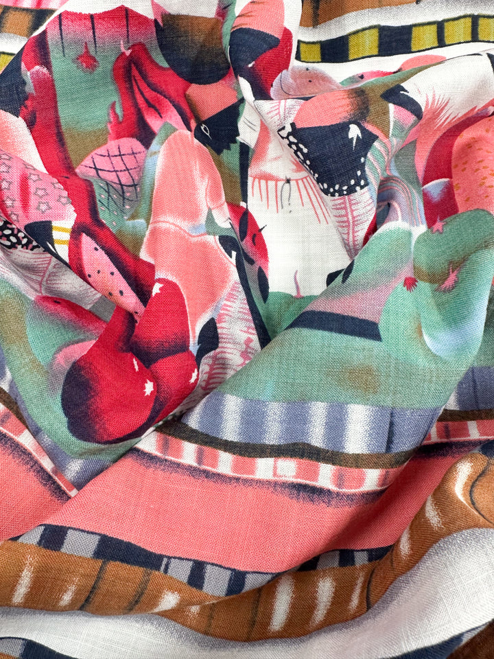 Close-up of a vibrant abstract design in Super Cheap Fabrics' Linen Blend - Rivers featuring reds, greens, and pinks with geometric patterns and organic shapes on a lightweight linen cotton blend for a striking texture. Width: 145cm.