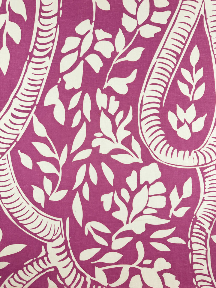 The Linen Blend - Rose Violet by Super Cheap Fabrics features a purple background with an abstract white leaf and vine design, crafted from a breathable linen cotton blend, measuring 138cm wide.