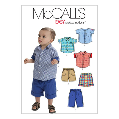 A toddler sports a blue checkered shirt and shorts, standing beside the "Super Cheap Fabrics" pattern guide for infants' clothing. This guide is perfect for a shopping trip, offering various designs labeled A to F with fabric suggestions, showcasing the product "Pattern - Mccall's - M6016 - Infants’ Shirts, Shorts And Pants" at the top.