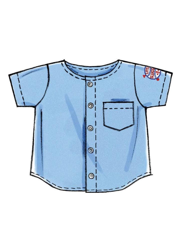 Illustration featuring a light blue baseball-style button-up shirt from the Pattern - Mccall's - M6016 collection by Super Cheap Fabrics, ideal for a shopping trip. This infants' shirt comes with a small front pocket and sports a "Little Slugger" logo on the right sleeve. Pair it with your favorite tote bag for a stylish day out.