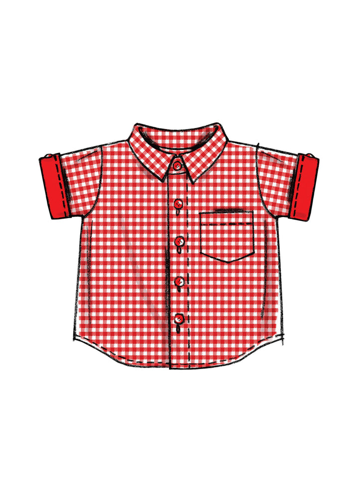 Illustration of a short-sleeve shirt featuring a red and white checkered pattern, complete with a collar, front buttons, and a chest pocket from the "Pattern - Mccall's - M6016 - Infants’ Shirts, Shorts And Pants" design by Super Cheap Fabrics. Displayed on a white background, this charming piece pairs effortlessly with any tote bag for an effortlessly stylish look perfect for your next shopping trip.