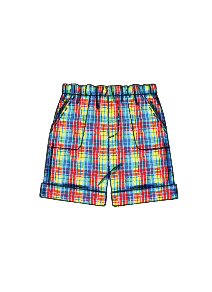 A pair of vibrant, plaid-patterned shorts from Super Cheap Fabrics, featuring hues of red, blue, yellow, and green from the Mccall's M6016 collection, is perfect for a sunny shopping trip. With an elastic waistband, front pockets, and cuffed hems, these shorts are ideal for pairing with your favorite tote bag. Showcased on a white background.