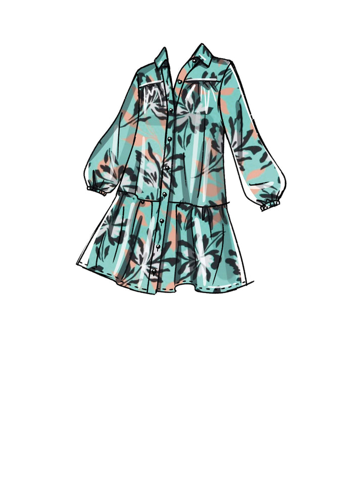 Illustration of a flowy, long-sleeved shirtdress with a button-down front. The dress showcases Mccall's Pattern M8285 by Super Cheap Fabrics, featuring a floral design in shades of teal, black, and coral. It includes a loosely gathered waist and a flared skirt, making it the perfect addition to any fashionable outfit collection.