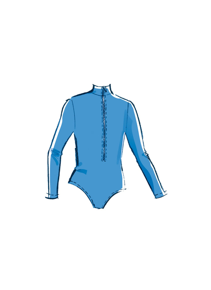 Illustration of a blue bodysuit with long sleeves, designed from lightweight denim fabric, featuring a front zipper. The style is understated with minimal shading and is presented against a plain white background. This design corresponds to the Mccall's M8395 pattern for children’s, girls’, and boys’ rash guard bodysuit, top, shorts, and bikini by Super Cheap Fabrics.