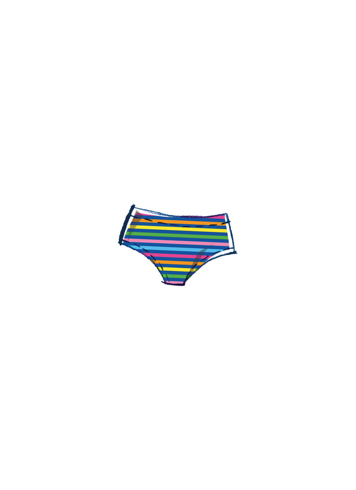 Vibrant bikini bottom featuring blue, green, yellow, and red stripes, crafted with a lightweight denim-like material for a chic and comfortable beach style. From the Super Cheap Fabrics' "Pattern - Mccall's - M8395" collection for children.