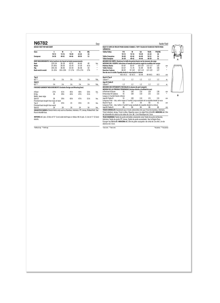 The Pattern - NEW LOOK - 6782 by Super Cheap Fabrics includes size charts, fabric needs, measurements, instructions, and a technical line drawing for a Misses’ knit top and skirt.