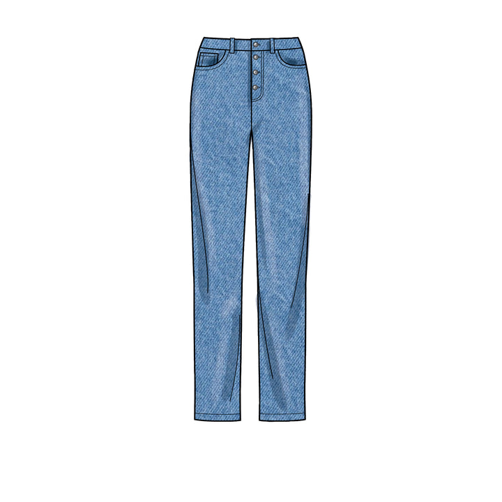 Introducing the Simplicity S9266 Vintage Jeans from Super Cheap Fabrics, showcasing a straight-leg design with a high waist, button fly, belt loops, front and back pockets. Crafted to ankle-length, these jeans feature a classic denim texture that exudes timeless style.