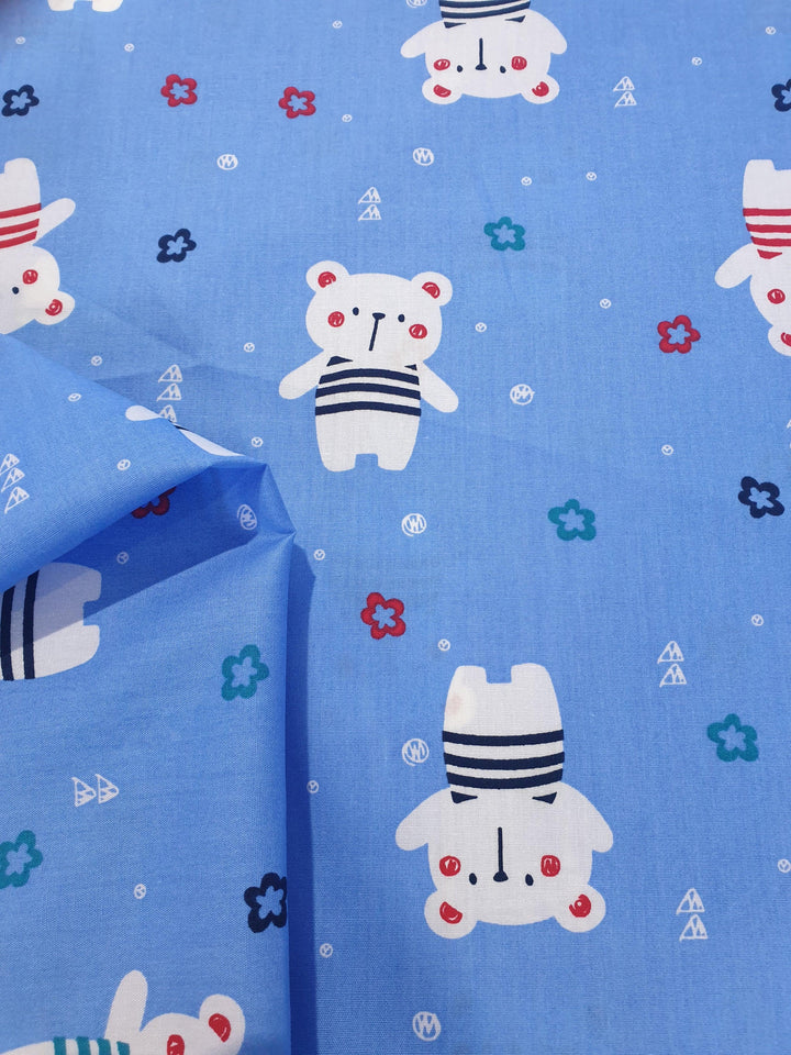 Polar Bear Cotton Fabric With Blue Background