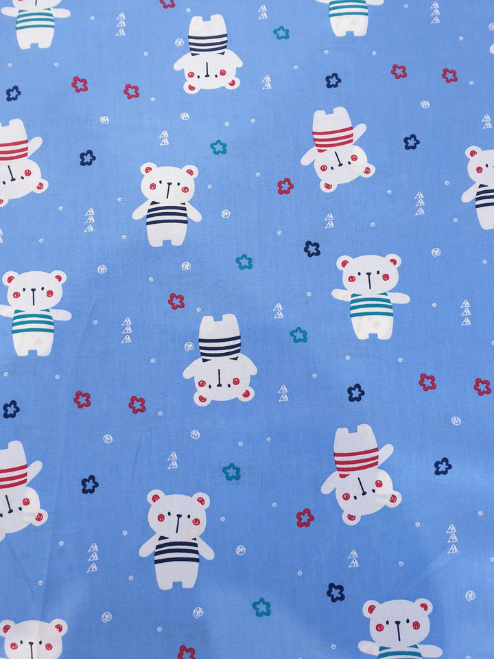 Polar Bear Print Cotton Fabric on Blue Background